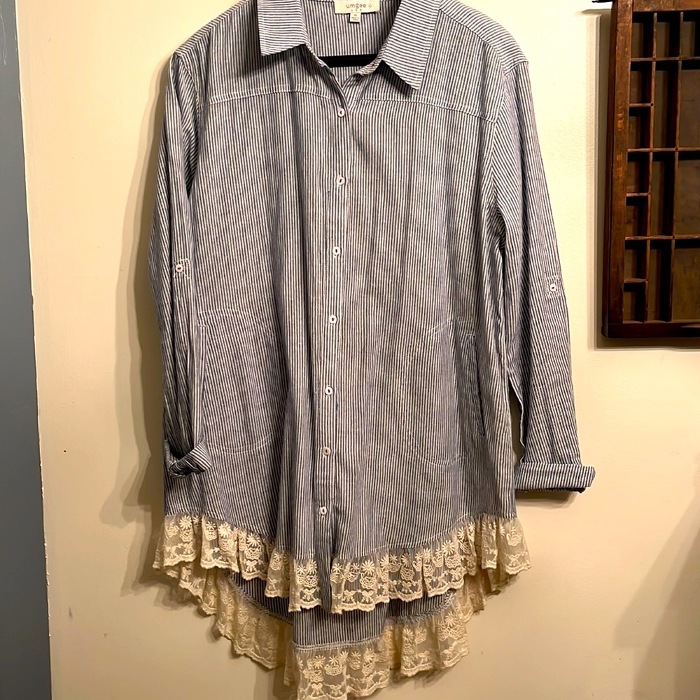 Umgee Pin Stripe Button Down w/Lace Hem Detailing